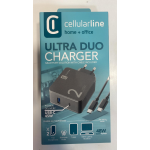 CELLULARLINE Kit Caricabatteria da Casa 45W con Ingresso USB e Type-C e Cavetto Type-C to Type-C - Nero